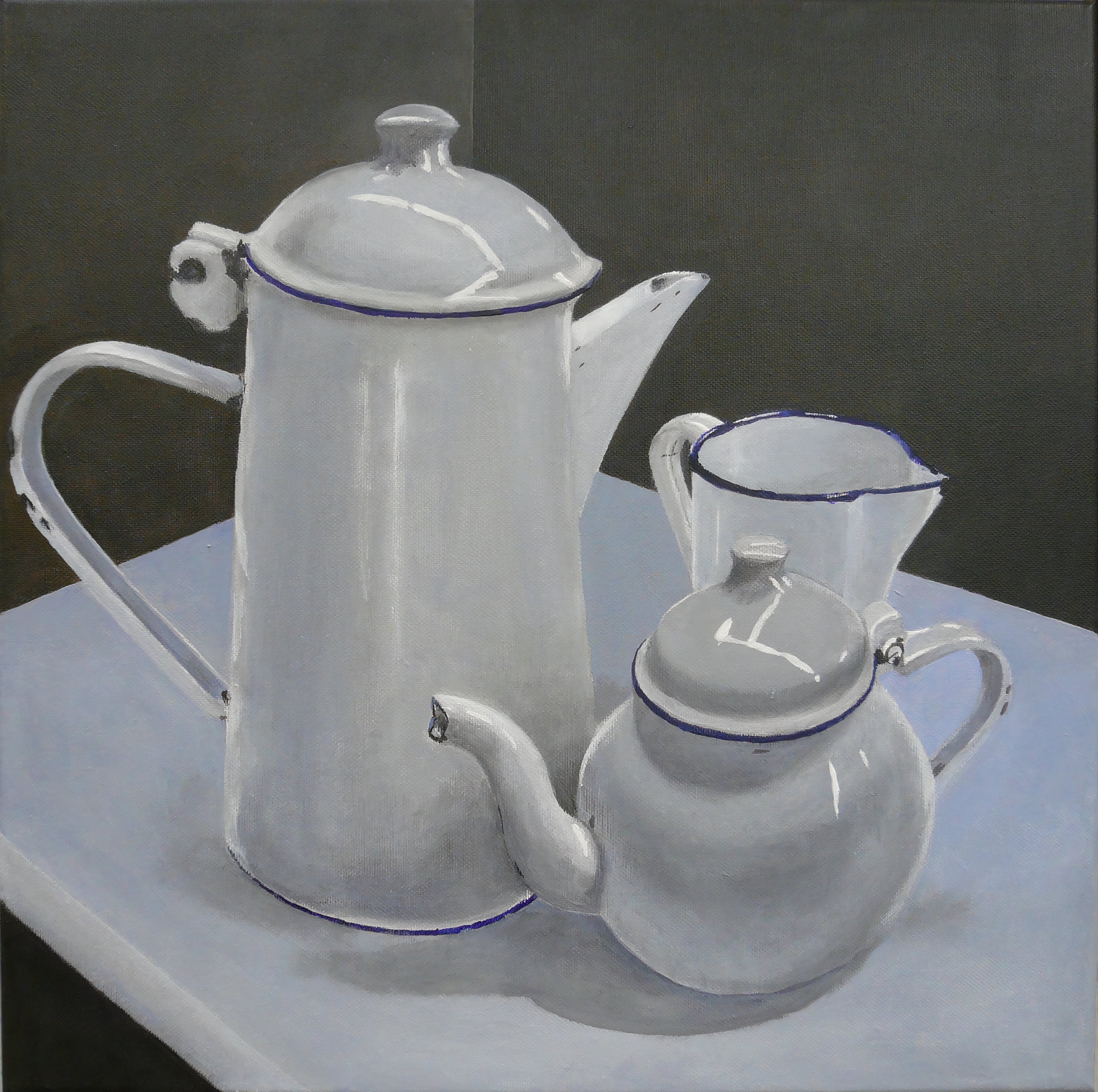 Schilderij Witte Emaille Kannen